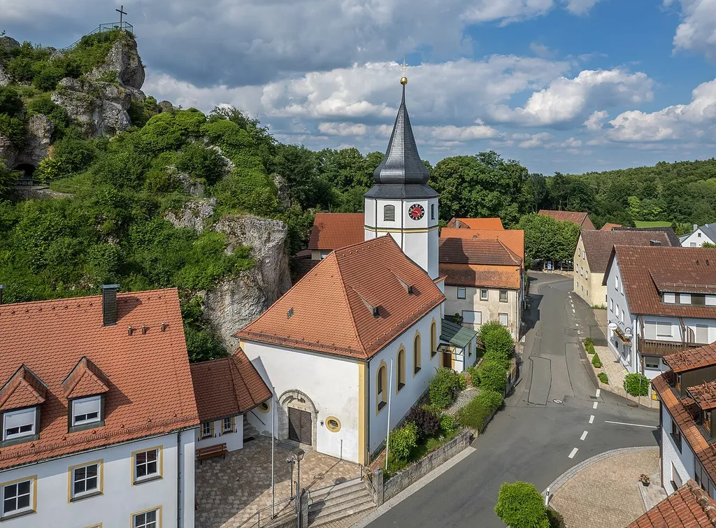 Aerial view of the parish church of St. Erhard in Wichsenstein