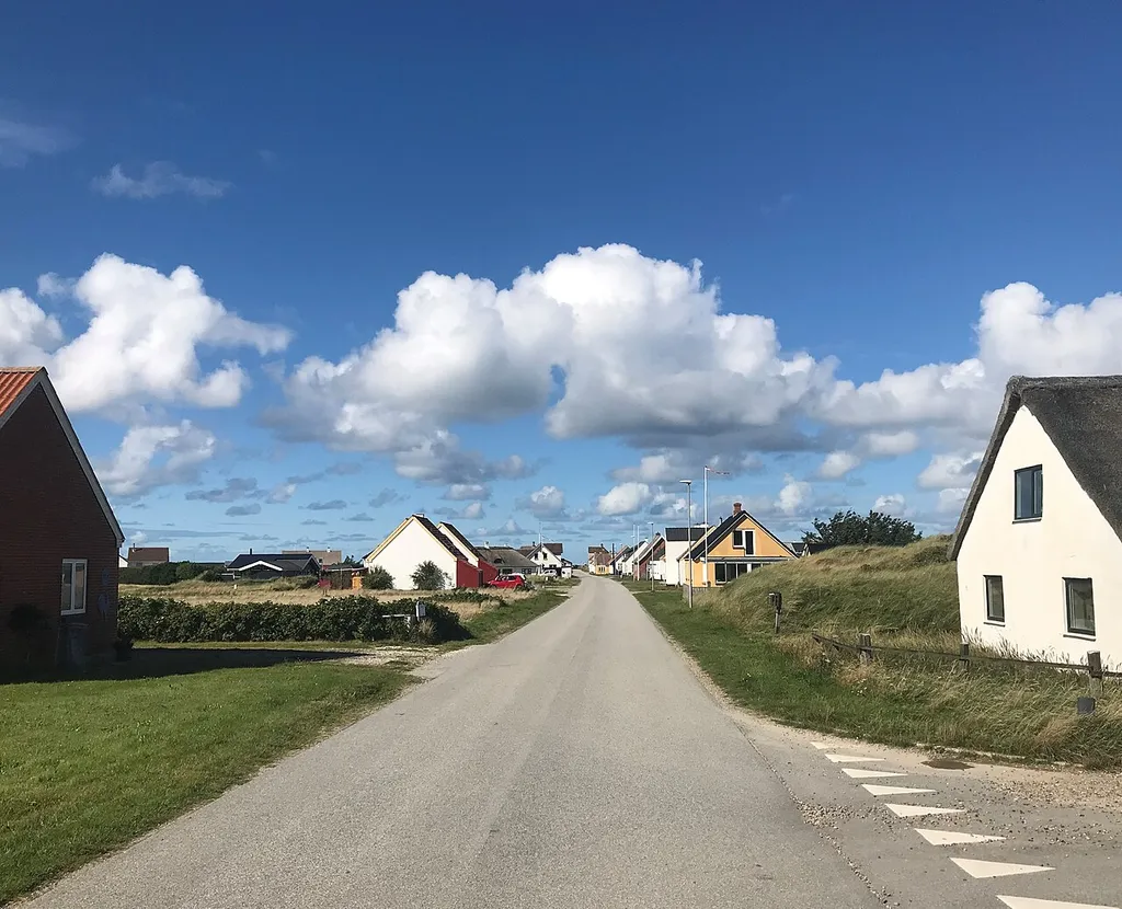 Main street in the village of Lildstrand. Street leads to the harbour at the North Sea shore.