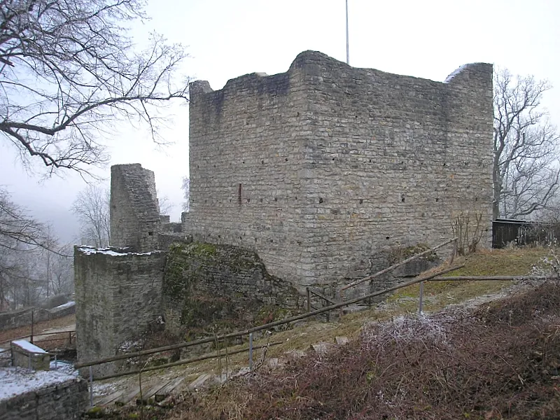 Burg Treuchtlingen (Obere Burg, Landkreis Weißenburg-Gunzenhausen, Mittelfranken). Die Nordseite der Hauptburg nach Osten. Eigene Aufnahme, Dez. 2007 / Treuchtlingen castle (Upper castle, Middle Franconia, Bavaria, Germany). Northern part of the central castle, looking east. Own photo, Dec. 2007