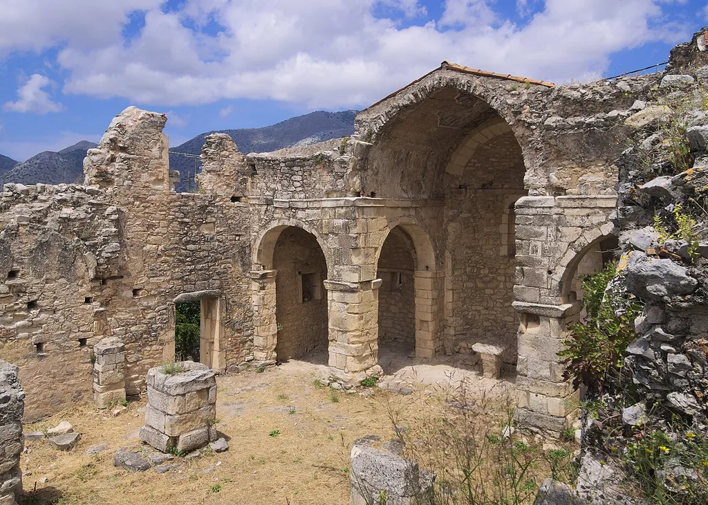 The abandoned cathedral of Episkopi, Mylopotamos. It was built in 13th century and was used as a cathedral during the Venetian period.
