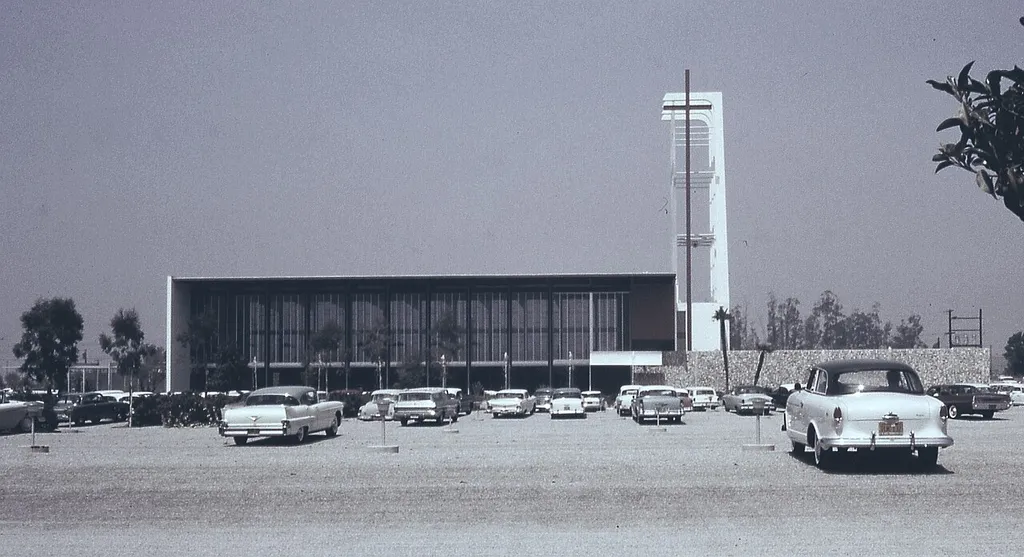 Rev. Robert Schuller's Garden Grove Community Drive-In Church, viewed from the drive-in area where members could remain in their vehicles during the services. Designed by architect Richard Neutra. Taken with an Exakta VX SLR 35mm camera, using Ektachrome slide film.
