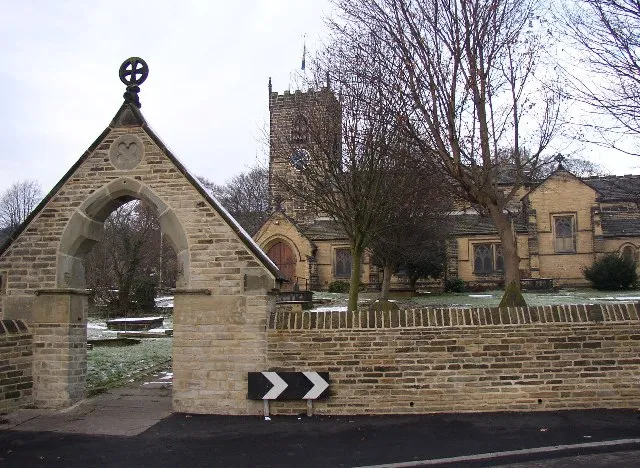 St John's Church, Kirkheaton. An ancient foundation, but largely rebuilt in 1887-8. Inside there are fragments of an Anglo-Saxon cross with interlace decoration and a stone with a runic inscription. The modern gateway echoes the porch, although in a different style.