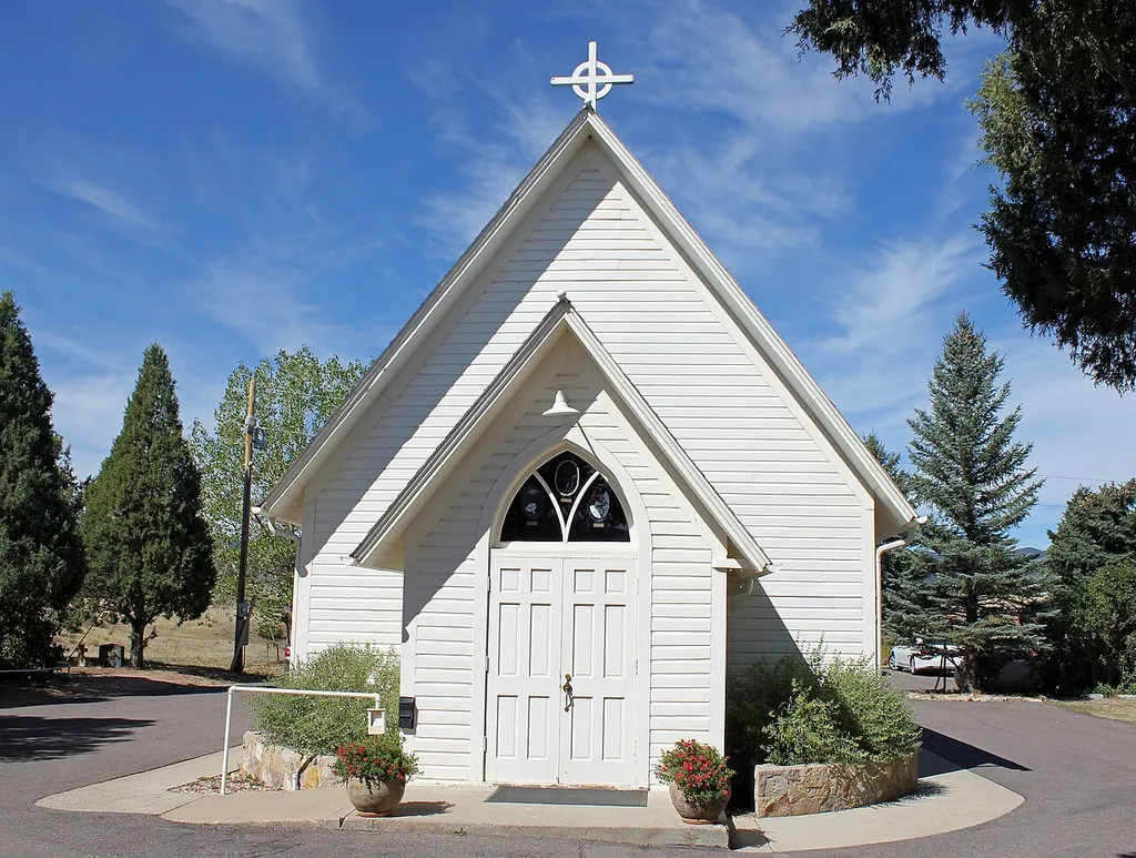 The Church of St. Philip-in-the-Field, located 5 miles (8.0 km) south of Sedalia on State Highway 105, in Douglas County, Colorado. The church and cemetery (not visible in picture) are listed on the National Register of Historic Places.