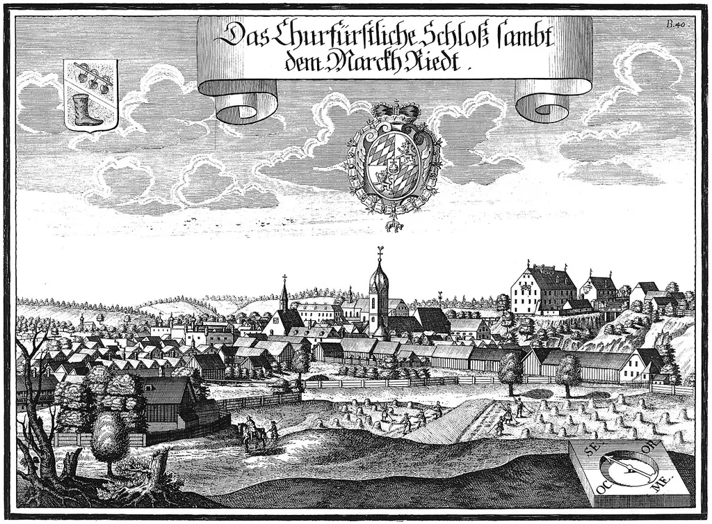 Kupferstich Ried im Innkreis, Schloss und Markt
