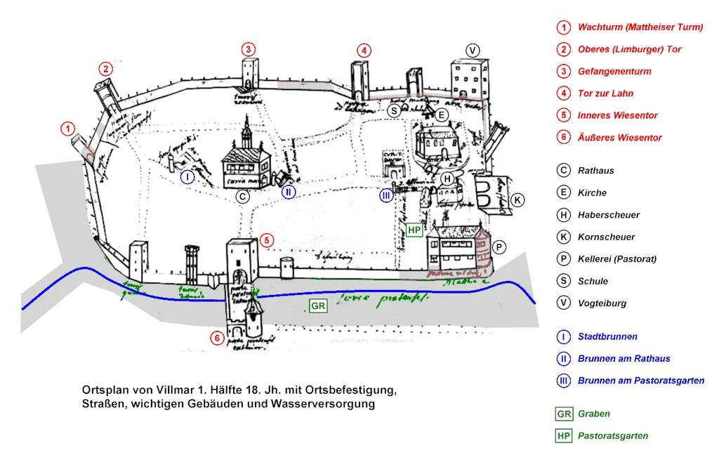 Villmar mit Befestigungsanlage und wichtigen Gebäuden in der ersten Hälfte des 18. Jh. Bearbeitung auf der Grundlage einer im Hessischen Hauptstaatsarchiv aufbewahrten Tuschezeichung. Die erhaltenen Teile der Ringmauer und Türme sind rot unterlegt. Bearbeiter: Bernold Feuerstein