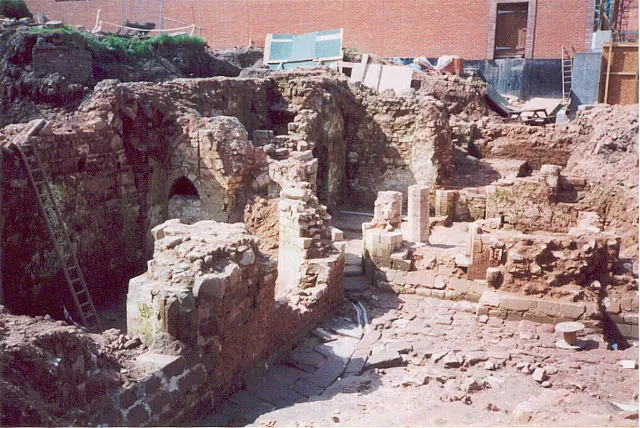 Priory undercroft excavations, 2001 View from Hill Top of the excavation of the undercroft of the 12th century cathedral priory of St Mary executed as part of the Phoenix project. Some of the area has been re-buried but part of the structure visible here is now on display under cover.