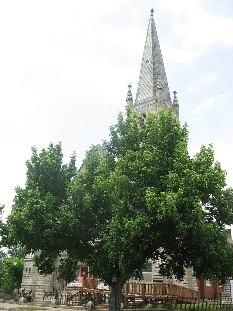 Front of St. Peter's German Evangelical Church, located at 1231 W. Jefferson Street in Louisville, Kentucky, United States. Built in 1894, it is listed on the National Register of Historic Places.