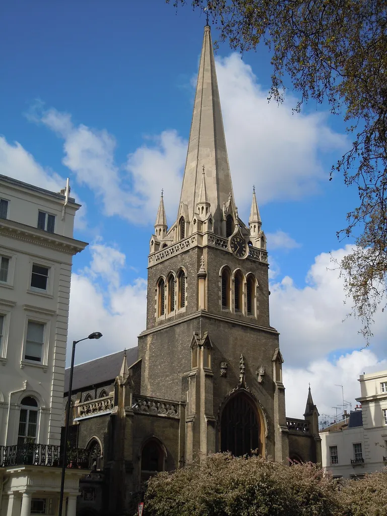East tower and spire of St James' parish church, Sussex Gardens, Paddington, London W2, seen from the east