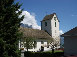 reformed church with rectory and fountains