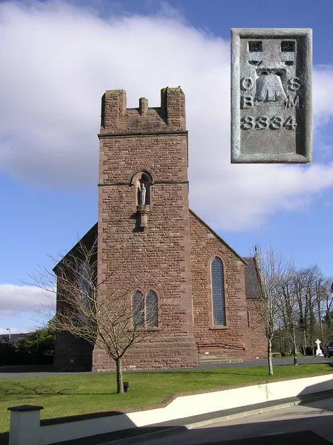 Sacred Heart RC Church, Plumbridge. There is a O.S. benchmark no.3334 inserted into the side of wall facing you, sometimes called a "crow's foot"