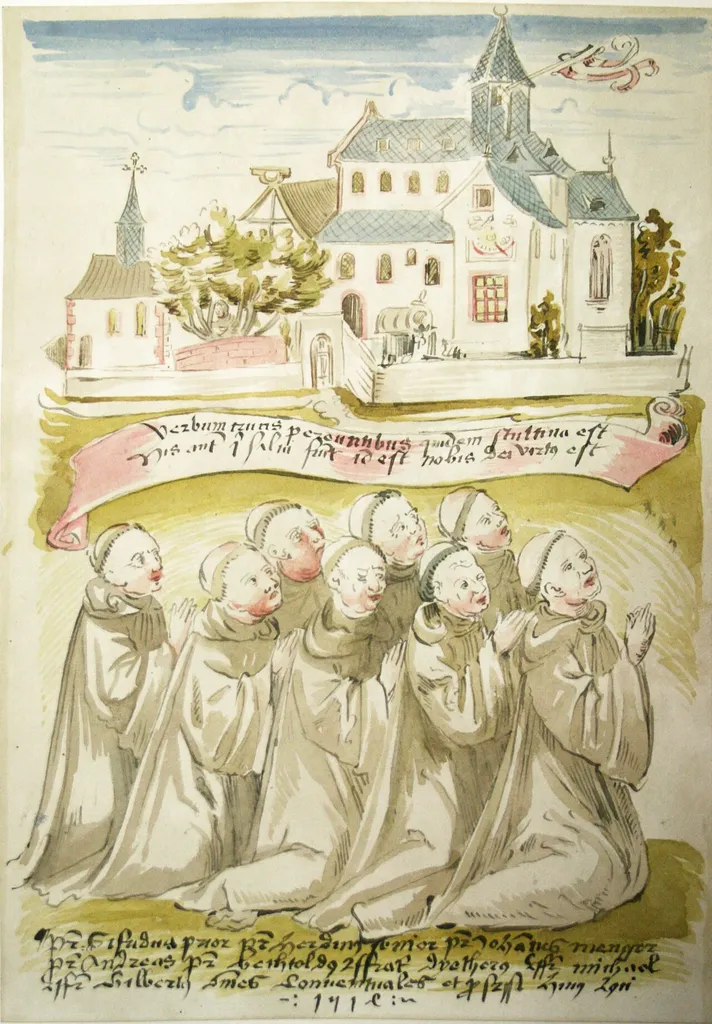 Illustration aus dem Salbuch des Klosters Naumburg: Oben Darstellung der Klostergebäude, darunter kniend die namentlich genannten acht Mönche.