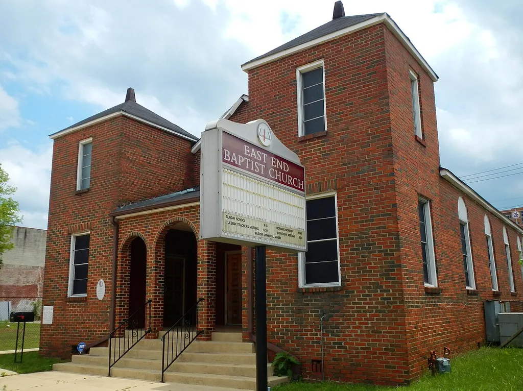 This is a photo of the East End Baptist Church which is listed on the NRHP in Birmingham, AL.