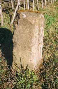 Milestone, old railway bridge, Mixbury Plantation, near turn to Widmore Farm