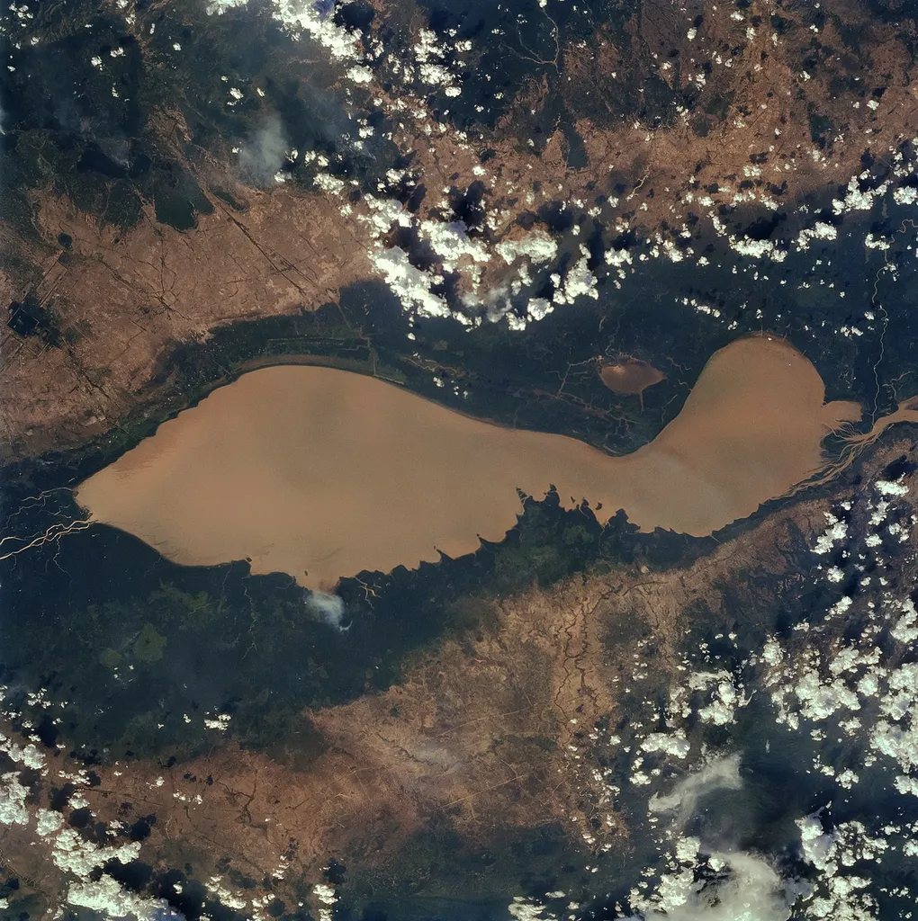 The Tonle Sap (also know as the Great Lake) occupies a depression in the Cambodian Plain and is a shallow silt-laden lake. It is the largest lake in Southeast Asia and is fed by many streams. The Tonle Sap is drained by the Tonle Sab River (upper center), which flows south-southeast to the Mekong River (not visible on the image). The river connecting the Tonle Sap with the Mekong creates a unique phenomenon not known in any other part of the world: reversing its direction of flow twice a year. For most of the time, the Tonle Sab River flows from the lake to the Mekong River near the capital city of Phnom Penh. However, during the Southeast Asian monsoon season from June to November, when the Mekong drains large areas of Southeast Asia, the Tonle Sab flows from the Mekong back into the Tonle Sap. During the monsoon season, the Tonle Sap increases from 1000 sq. miles (2600 sq. km) to near 4020 sq. miles (10400 sq. km) raising the lake level 30 feet (9 meters), causing enormous floods in the region surrounding the lake.