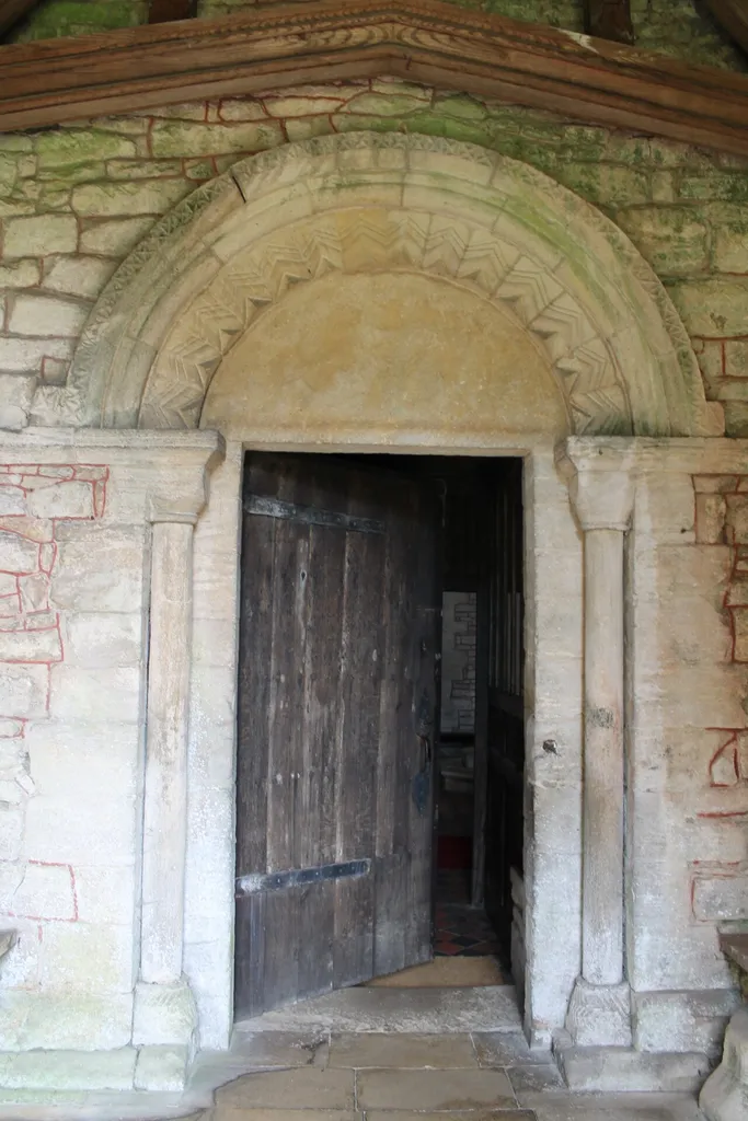 12th-century Norman doorway inside the south porch of St Lawrence's parish church, Tallington, Lincolnshire
