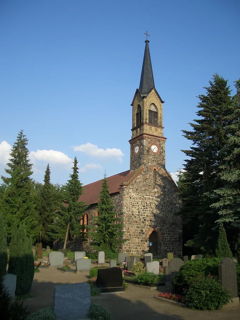 Listed Fieldstone church in Stücken. The church was destroyed by fire in 1848 and 1860 rebuilt in neo-Gothic style by the use of some remaind medieval stones. Stücken is a part of Michendorf in the district Potsdam-Mittelmark, state Brandenburg, Germany.
