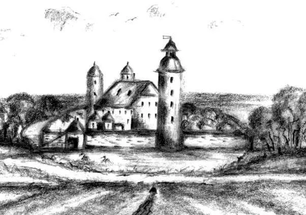 Zeichnerische Rekonstruktion der Burg Bellinghausen in Niederbellinghausen bei Wiehl