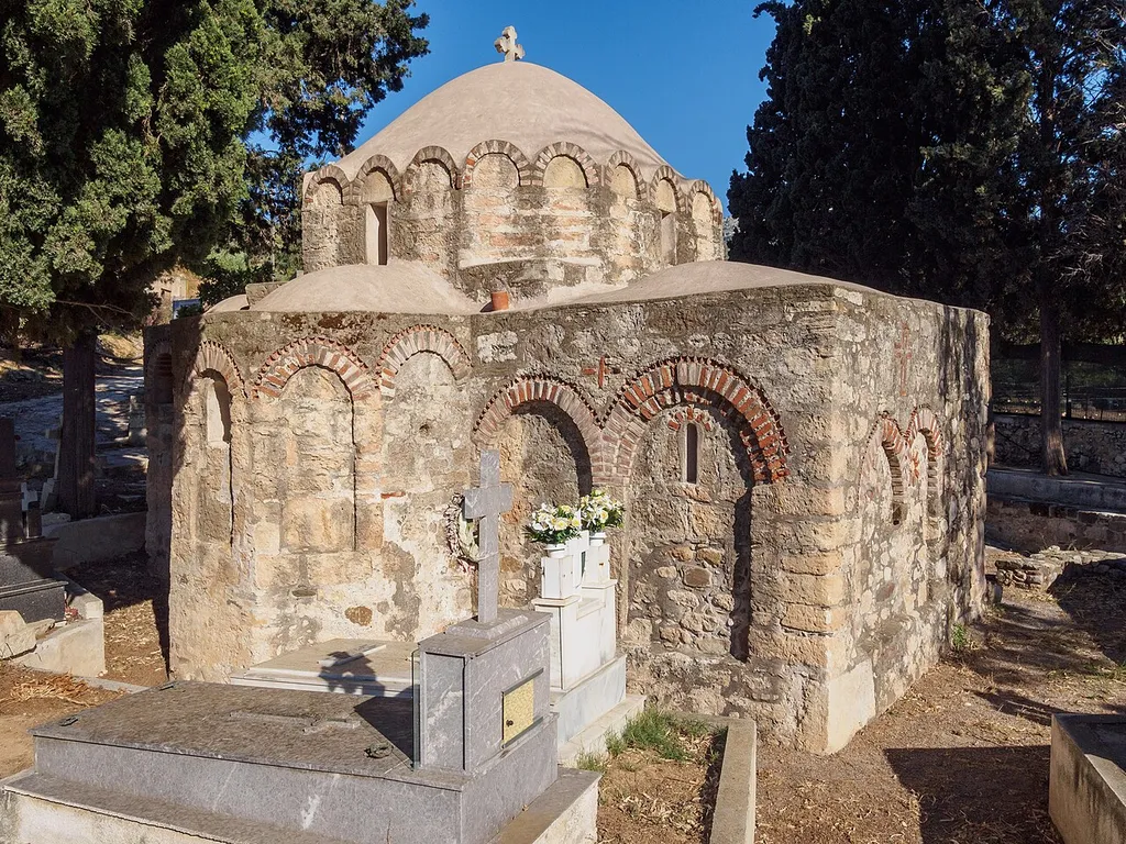 The church of Saint Apostoles at the cemetery of Kato Episkopi, Siteia, Crete. The building was originally a byzantine bathhouse but during the venetian rule of Crete was turned to a church.