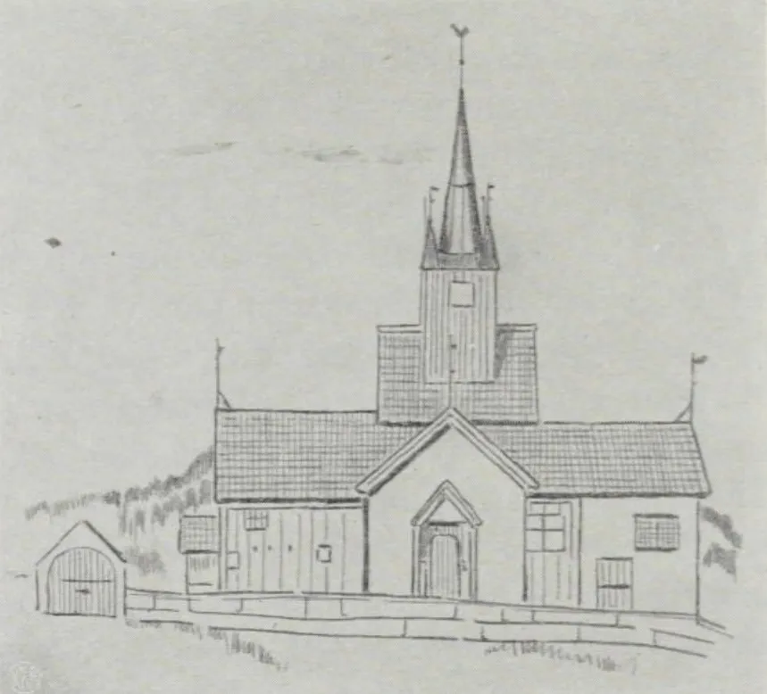 Holmen gamle kirke, Prestfoss, tegnet av prestedatteren Kaja Stub i 1845, gjengitt i «Sigdal og Heggedal: Historisk beretning» (Sigdal og Eggedal historielag, 1974), s. 116. Kirken ble revet i 1855.
