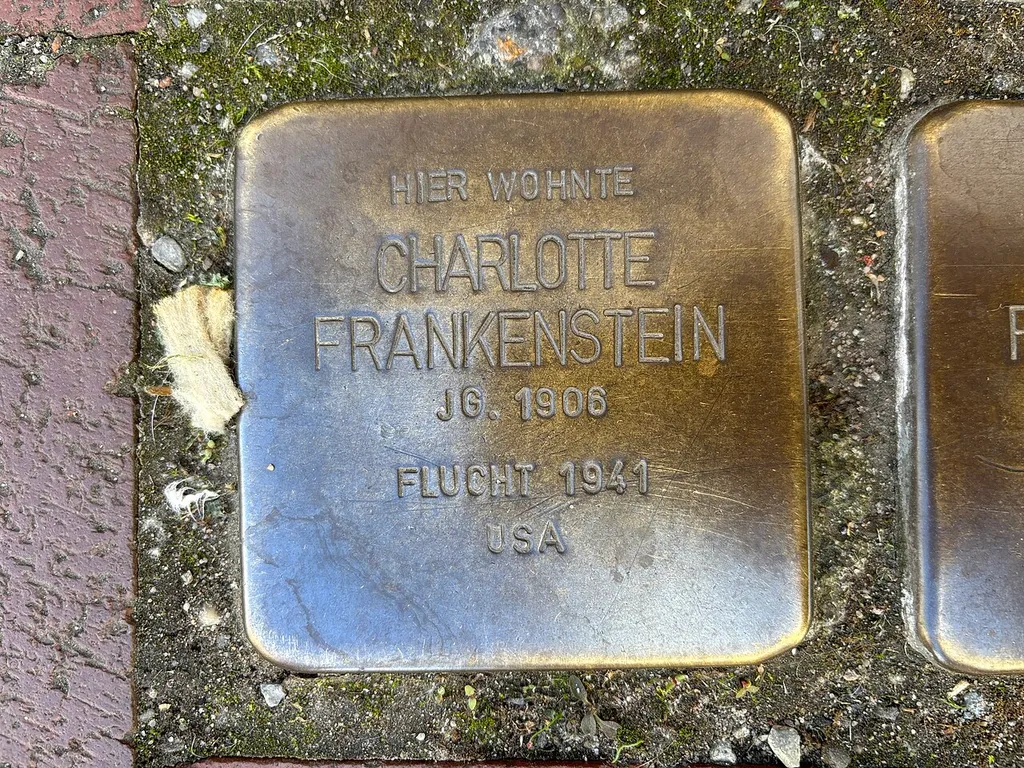 Close-up of the Stolperstein dedicated to Charlotte Frankenstein in Hamelin, Germany