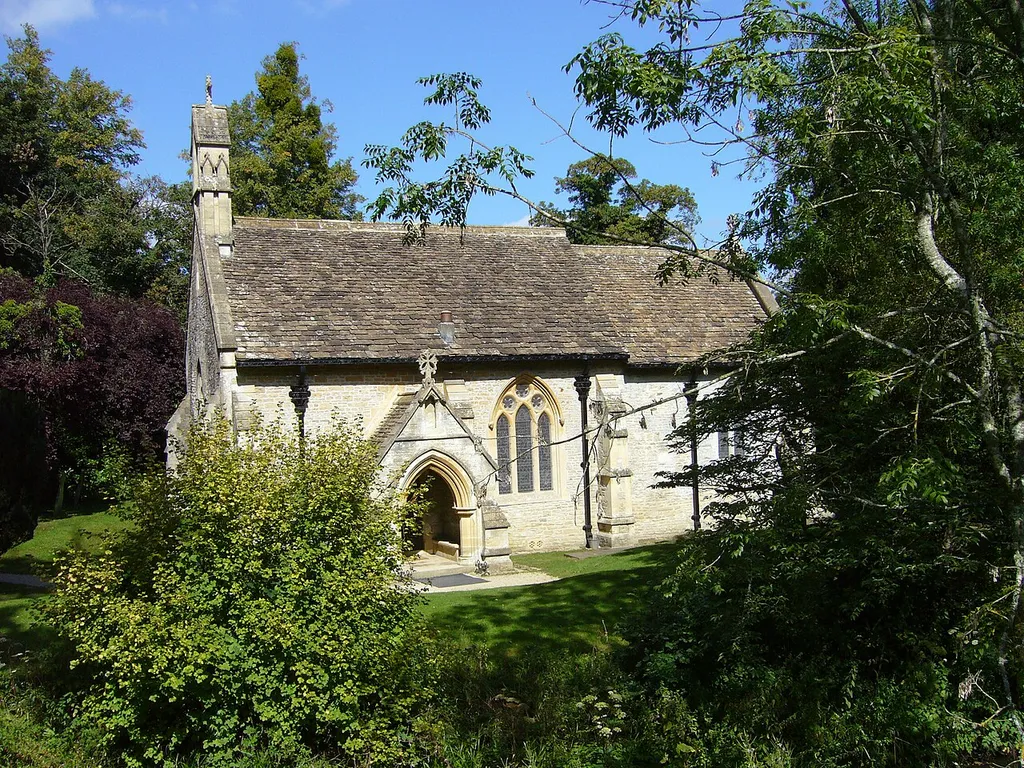Side view of the island church on Orchardleigh Lake near Frome. Photographed in September 2007. Required attribution is: Photo by Tom Oates.