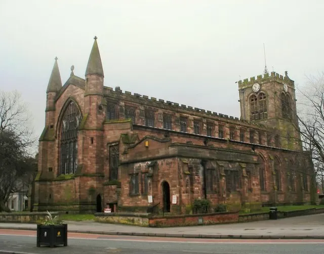 The parish church of St Mary the Virgin, Leigh, Greater Manchester, England straddles the boundaries of two of the ancient townships that made up the ancient parish. The old townships were Westleigh and Pennington. There has been a church on this site for several hundred years but the present church dates from the 1870s. The tower is older and has a peel of eight bells.