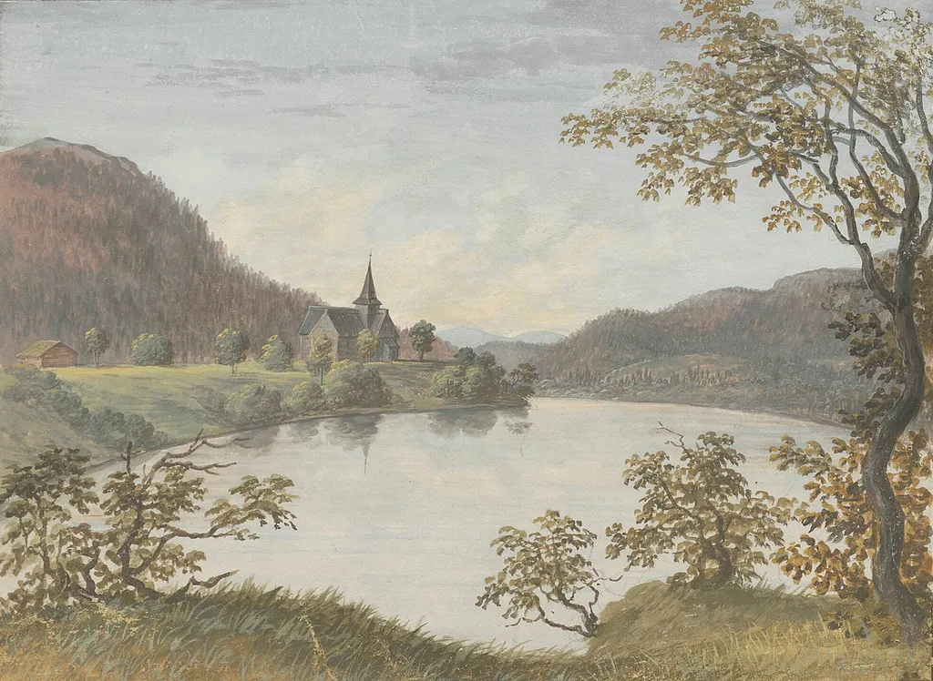 Flå stavkirke sett fra Vold, tegnet av Johannes Flintoe. Fra Riksantikvarens Kulturminnebilder.