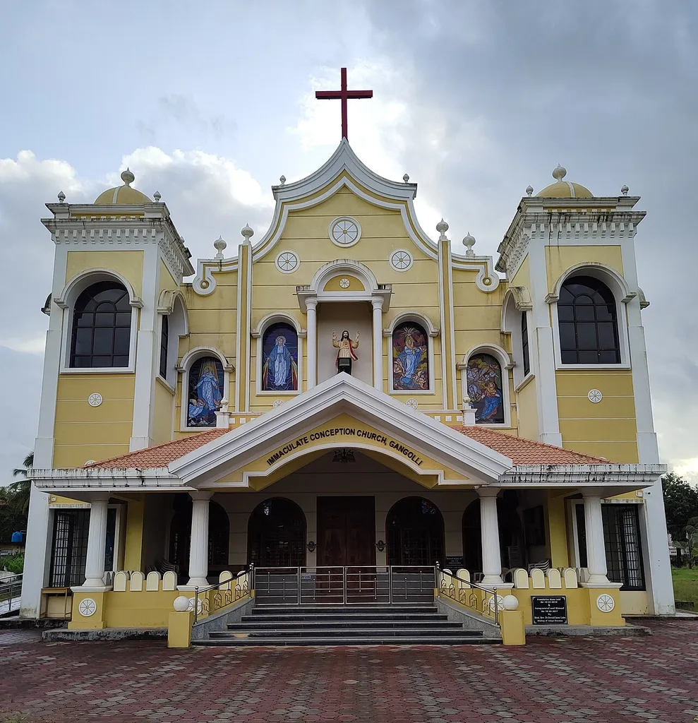 Front view of the Immaculate Conception Church in Gangolli village, Kundapur taluka, Udupi district, Karnataka, India.