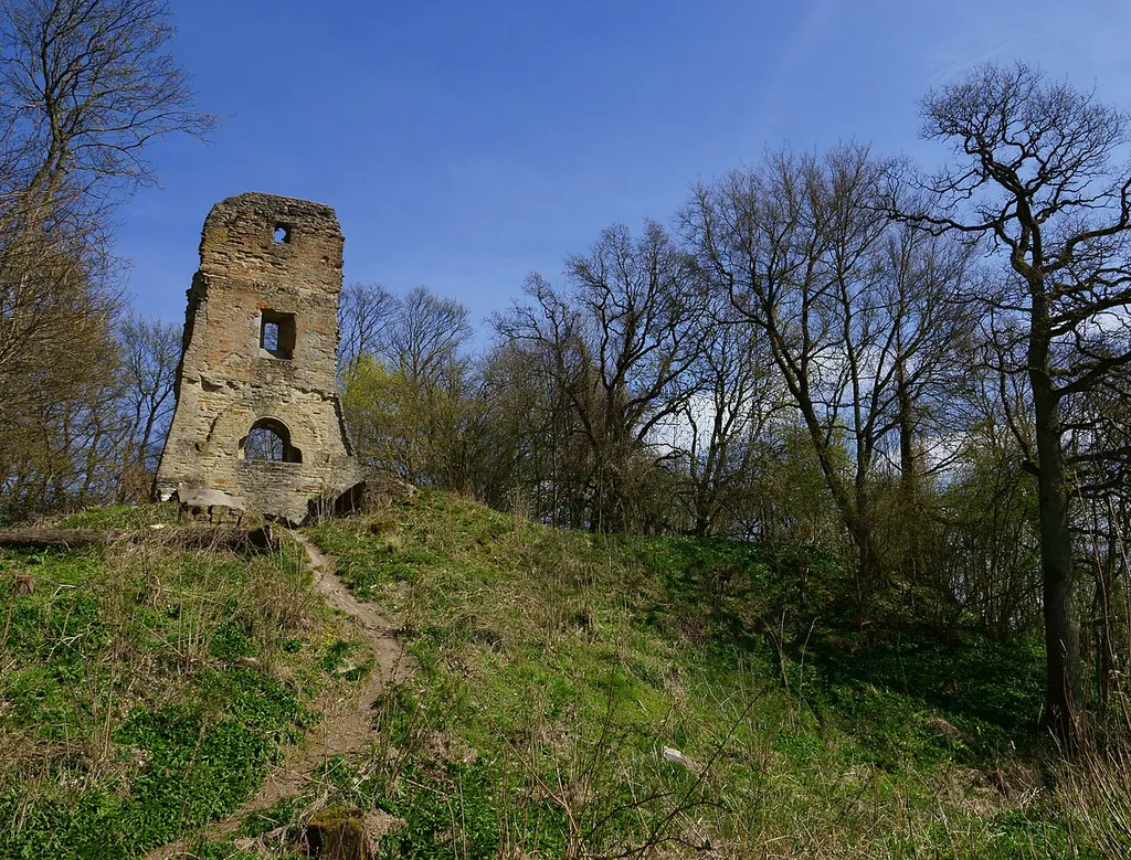Die Burgruine Speckfeld im Naturschutzgebiet „Schloßbergsattel bei Markt Einersheim“ (NSG-00612.01), Markt Einersheim, Landkreis Kitzingen, Bayern