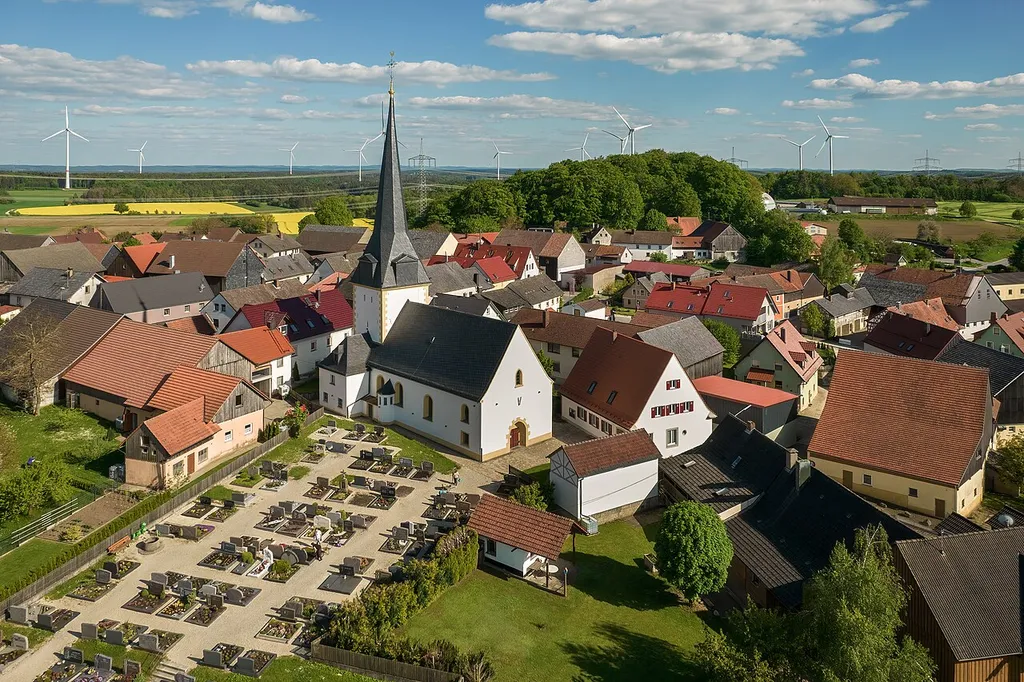 Aerial view of the Catholic parish church of St. Barbara Wattendorf