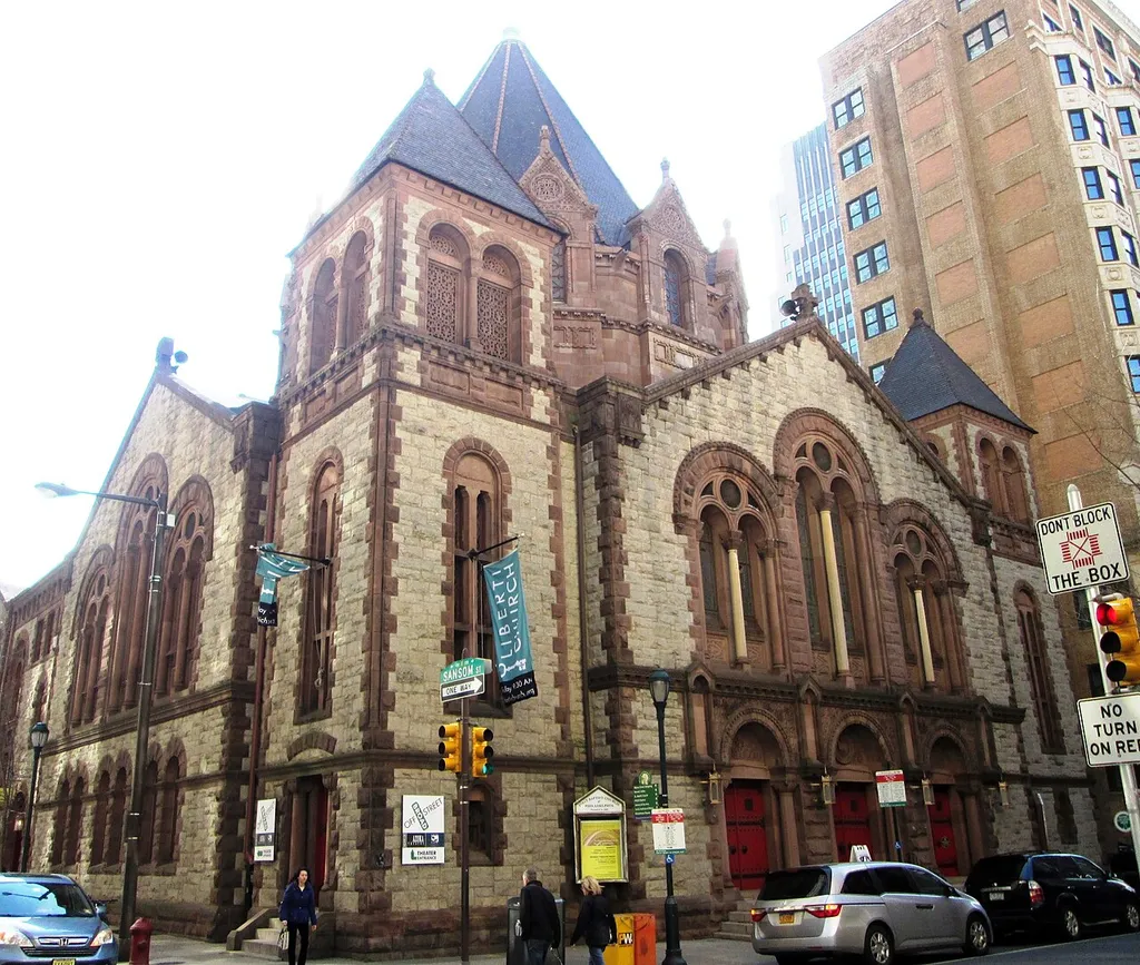 The First Baptist Church of Philadelphia, located at 123 South 17th Street at Sansom Street in the Center City neighborhood, was built in 1898-99 and was designed by Edgar Seeler in the Romanesque Revival style. The congregation was founded in 1698, and occupied at least five buildings before the current one. The building is also the location of the "Off Broad Street Theater", which hosts the Azuka Theatre and the Inis Nua Theatre Company. (Sources: "History at First Baptist", Architecture in Philadelphia: A Guide (MIT Press), keystone and sign on building)