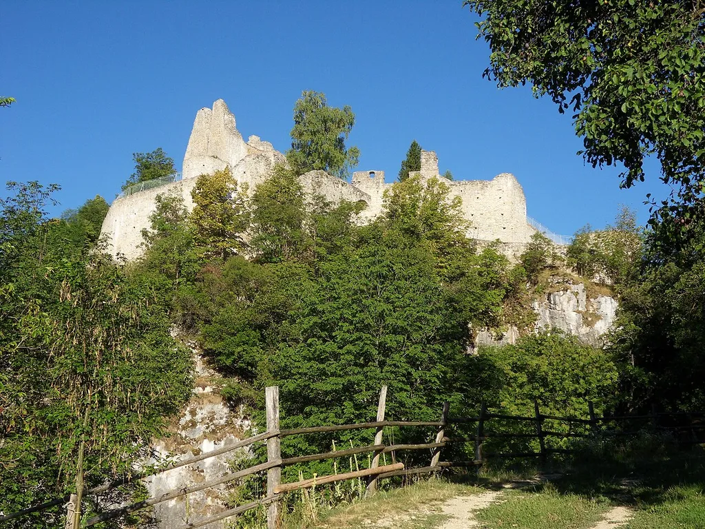 The ruin viewed from the path leading up to it.