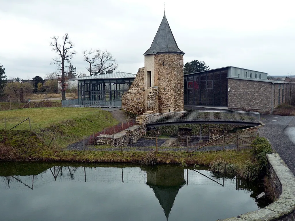 The 'Obere Burg' (literally: Upper Castle) in Euskirchen-Kuchenheim, North Rhine-Westphalia and the museum's guesthouse of the LVR Industrial Museum - Mueller Cloth Mill.
