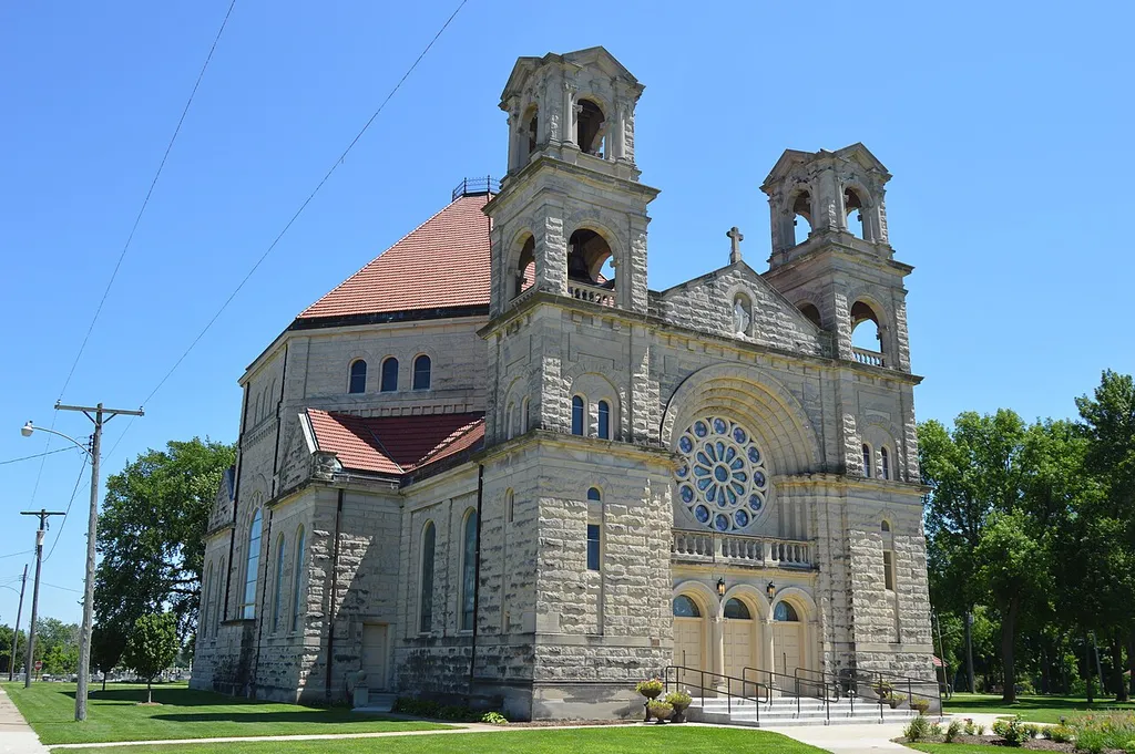 Front and northern side of St. Mary's Catholic Church, located at 308 St. Charles Avenue in Beaverville, Illinois, United States.