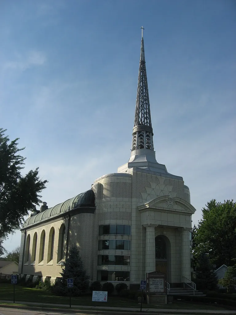 Front and western side of the Tyson United Methodist Church, located at 324 W. Tyson Street in Versailles, Indiana, United States. Built in 1937, it is listed on the National Register of Historic Places.