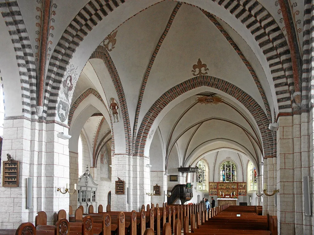 Fehmarn, Germany. Protestant parish church Saint Nicholas, nave towards East.