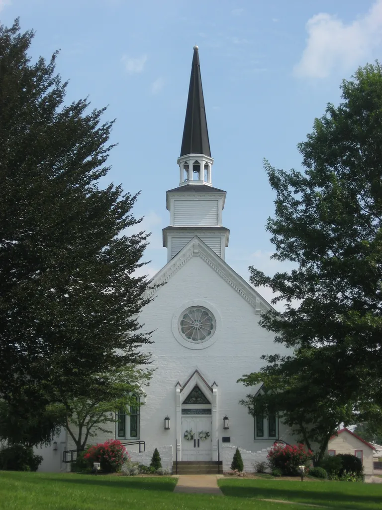Front of the Brandenburg Methodist Episcopal Church, located at 215 Broadway in Brandenburg, Kentucky, United States. Built in 1855, it is listed on the National Register of Historic Places.