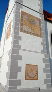 three sundials on the church in Kájov