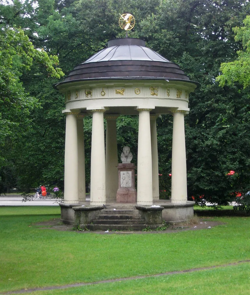 Fürst-Anselm-Allee. Denkmal für Johannes Kepler, dorischer Monopteros mit Kegeldach, Büste, Marmorrelief (Kopien, Originale im Hist. Museum) und astronomischen Symbolen, 1806/1808 von Emanuel d`Herigoyen, Büste von Friedrich Döll, Marmorrelief von Johann Heinrich von Dannecker; bis 1859 weiter westlich stehend.