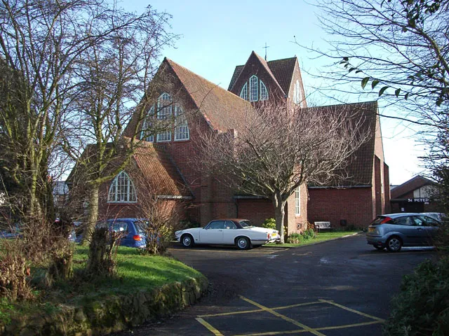 Roman Catholic Church of St Peter the Apostle, Lowestoft Road, Gorleston, Norfolk, England, seen from the southwest. Completed in 1939 and the only completed building designed by Eric Gill.
