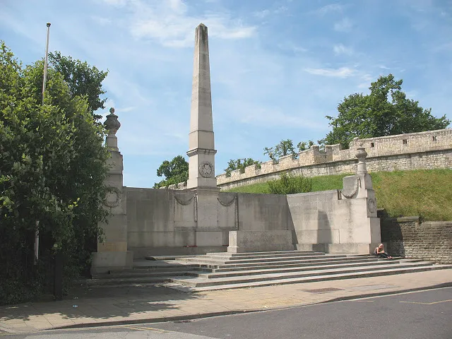 North East Railway war memorial, York. The memorial is set just inside the city walls, not far from the railway station, and commemorates the employees of the NER who gave their lives in the Great War (World War 1). See 1413594 for historical detail.