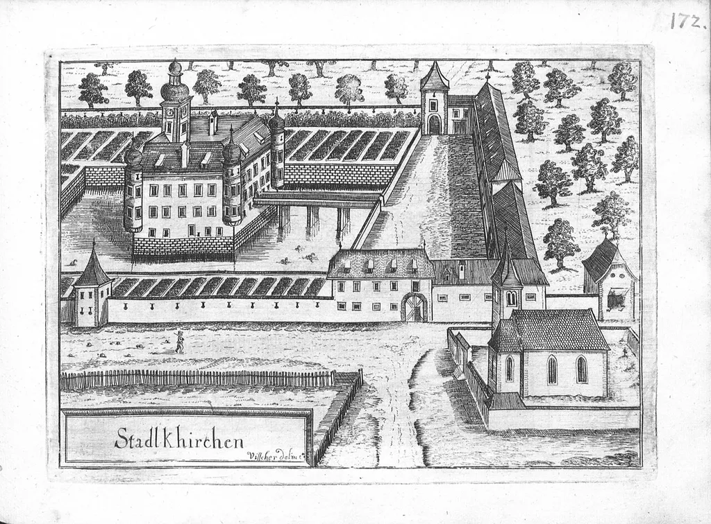 1674, Rennaissance-Wasserschloss Stadlkirchen, Stich von Georg Matthäus Vischer