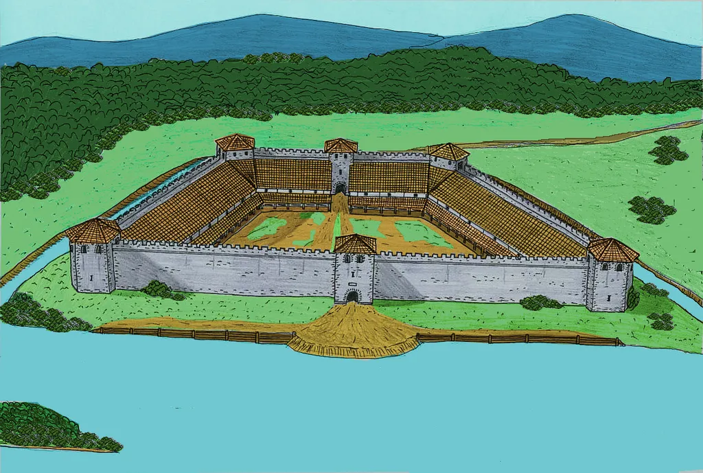 Rekonstruktionsversuch des spätantiken de:Kastell Altrip (D), 4. Jahrhundert n.Chr., nach einem Ausstellungsmodell im Hist. Museum der Pfalz.
