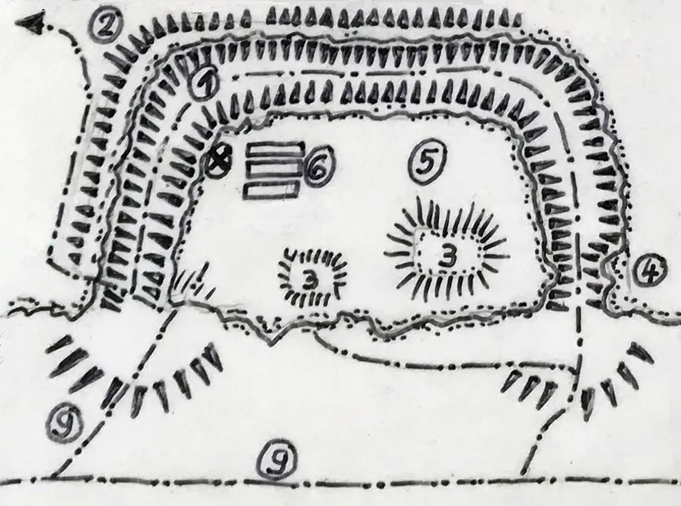 Agnesburg Grundriss des Burgstalls. Legende: 1 Burggraben – 2 Burggraben Wall – 3 Keller oder Zisterne – 4 Felskopf, vermutete Brücke – 5 Burgplatz – 6 Sitzbänke – 9 Fußpfad
