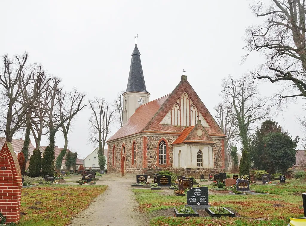 East-south-eastern view of the church in Großmutz, Löwenberger Land municipality, Oberhavel district, Brandenburg state, Germany.