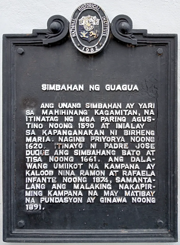 Historical marker created by the Philippines' National Historical Institute in 1982 to commemorate Guagua Church