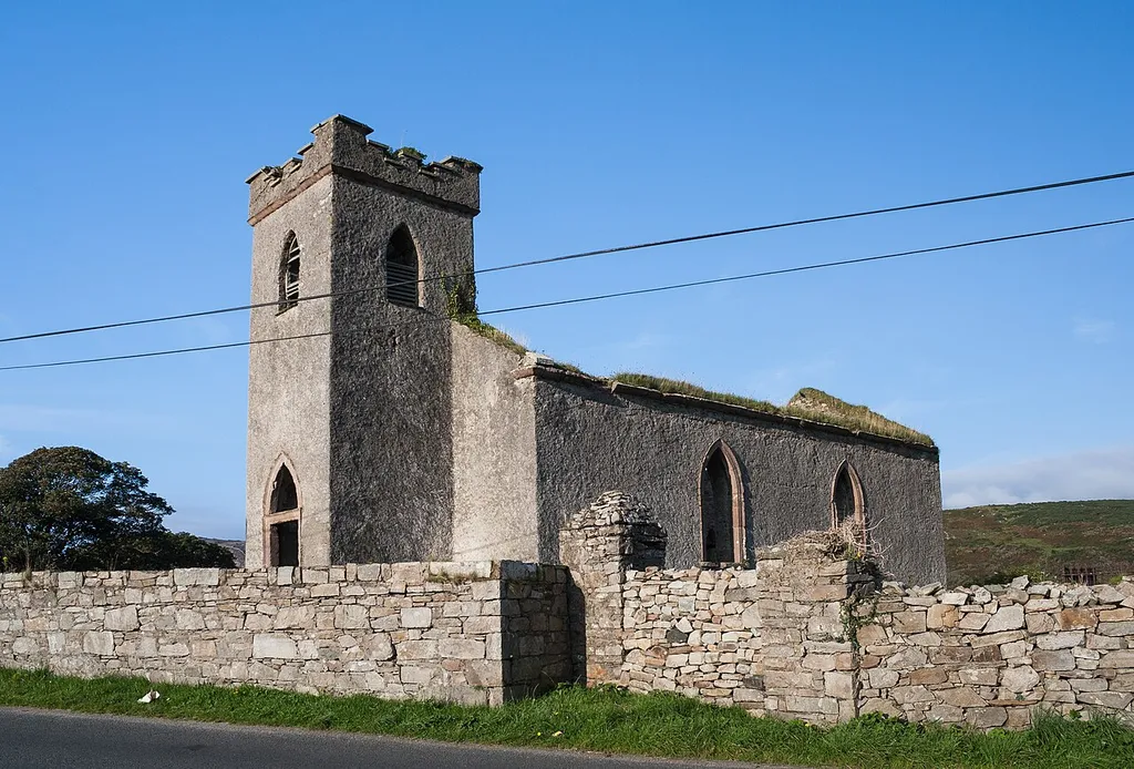 South-west view of the ruined Church of Ireland Parish Church of Clonmany in the townland of Straid.