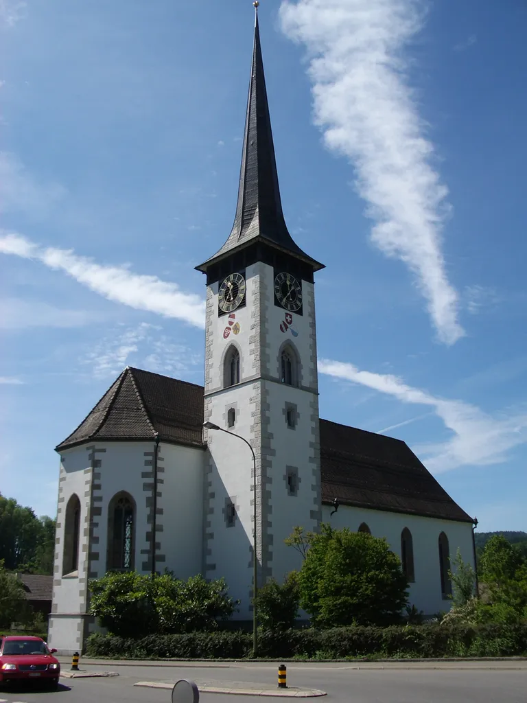 Turbenthal ZH, Switzerland, reformed church, steeple with painting of coat of arms by Alfred Marxer