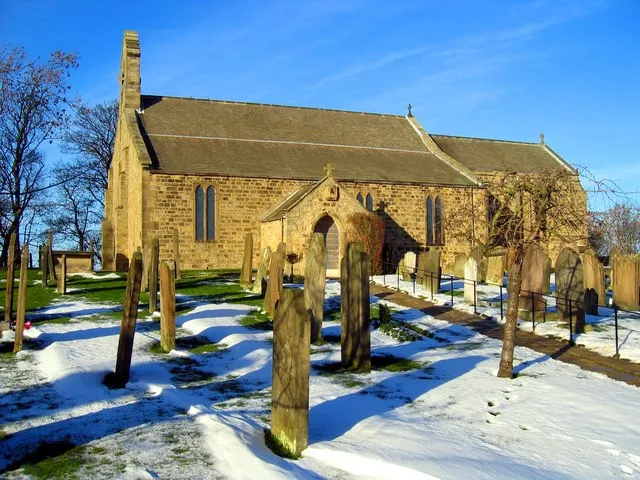 Church of England parish church of St Andrew, Heddon-on-the-Wall, Northumbira: view from the south. The building is mainly 12th and 13th century, but includes some earlier masonry from Saxon times (about 680 AD), when Northumbria was a separate kingdom. http://www.heddon.currantbun.com/history/churches/andrews.htm
