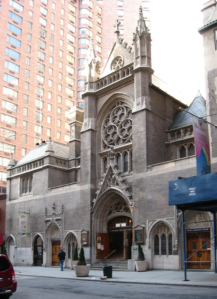 Looking north across West 49th Street at Saint Malachy's Roman Catholic Church.